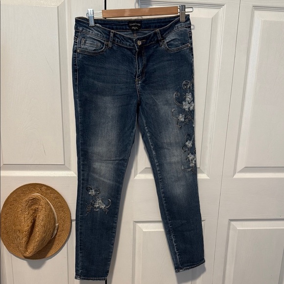 bebe Dark Blue Skinny Jeans with Floral Embroidery - Picture 1 of 10